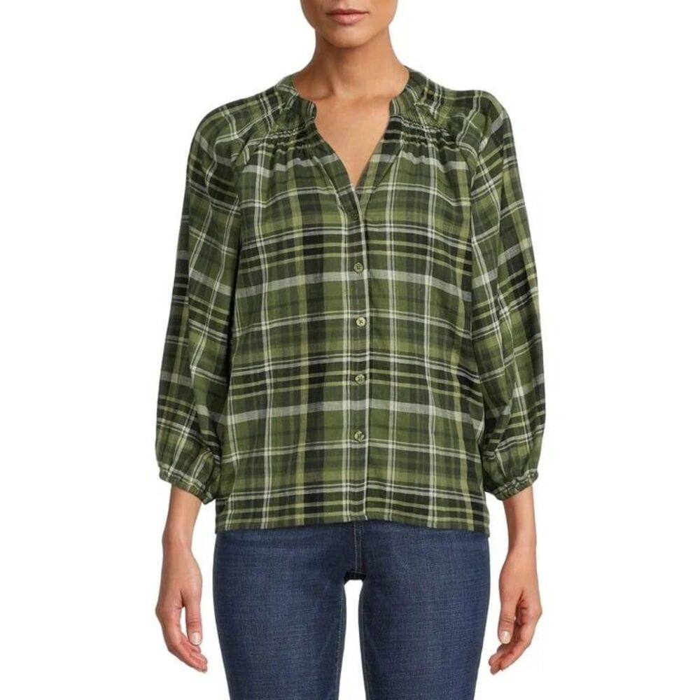 Time and Tru Women's 100% Cotton Plaid Button Down Lined Puff Sleeves Top M